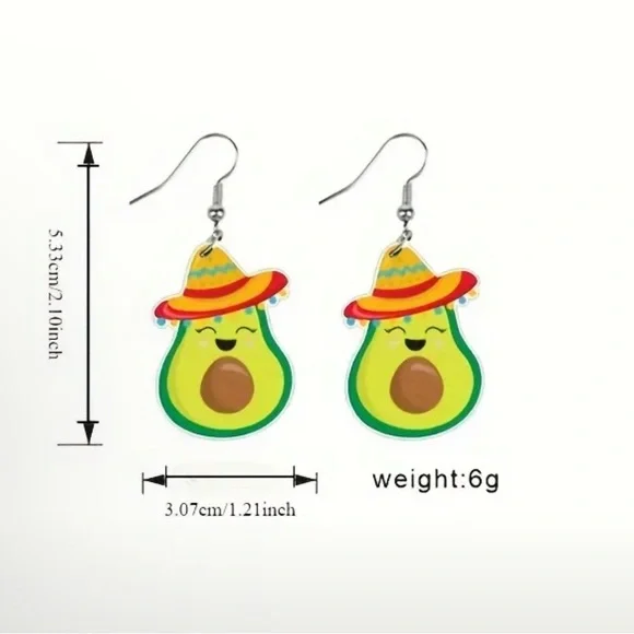 Green and Yellow Avocado Earrings with Sombrero Design Conco de Mayo - Picture 1 of 1
